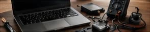 A laptop with drives and cables on a workbench