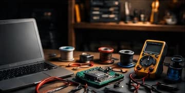 A workbench with a laptop, a multimeter, wire spools, and a circuit board